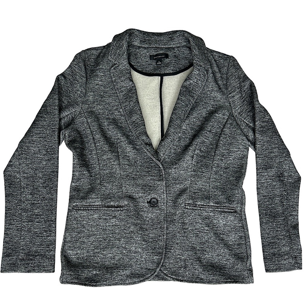 Ann Taylor Blazer Womens Large Gray Heather Soft Shell Jacket One Button Pocket
